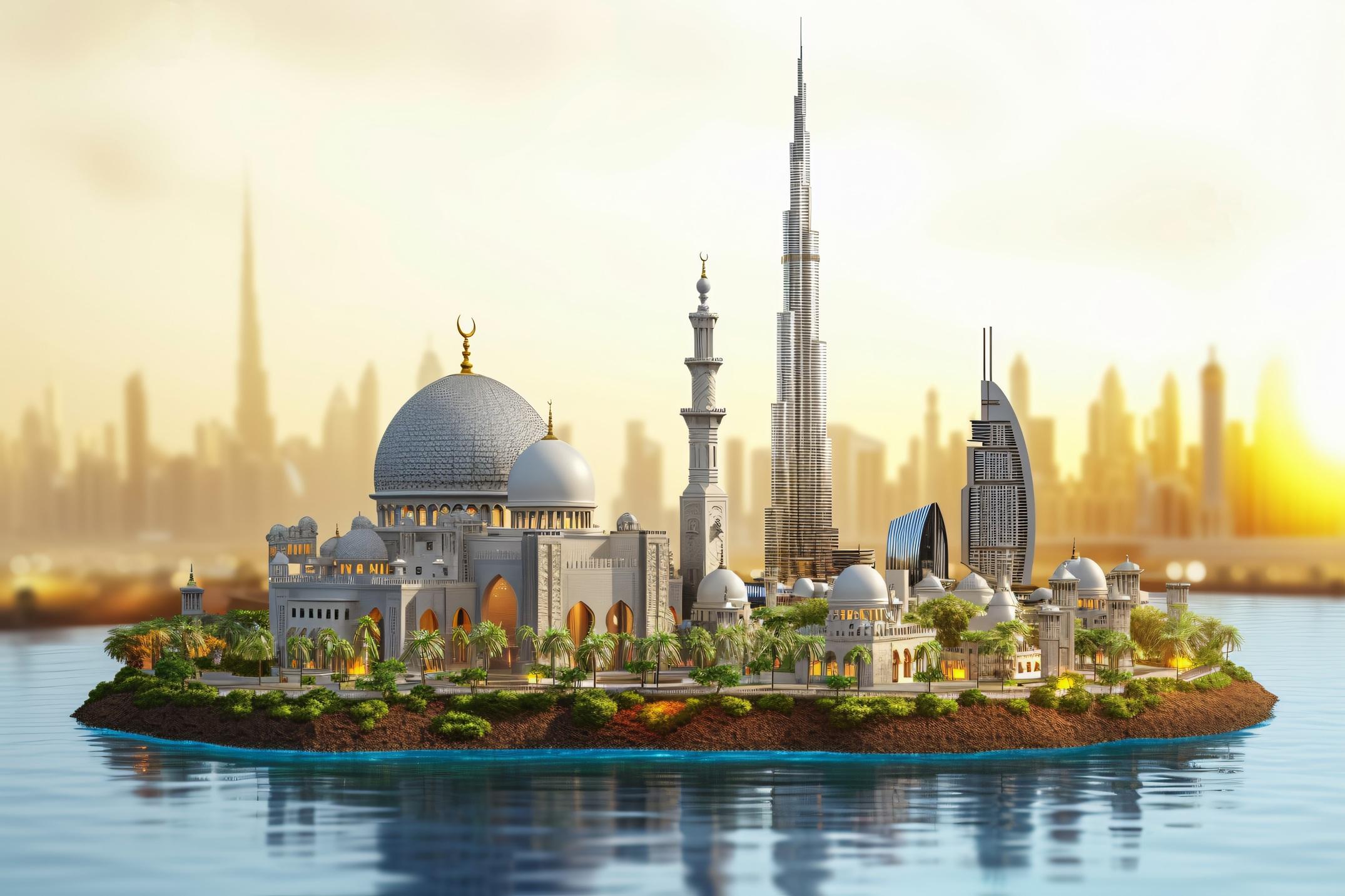 Dubai skyline featuring Burj Khalifa and modern architecture at sunset