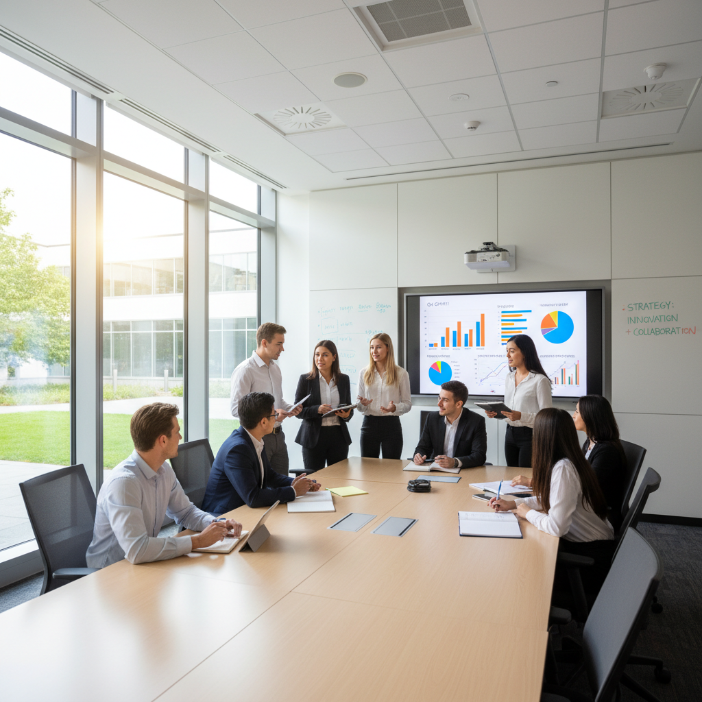 Business school students in modern classroom