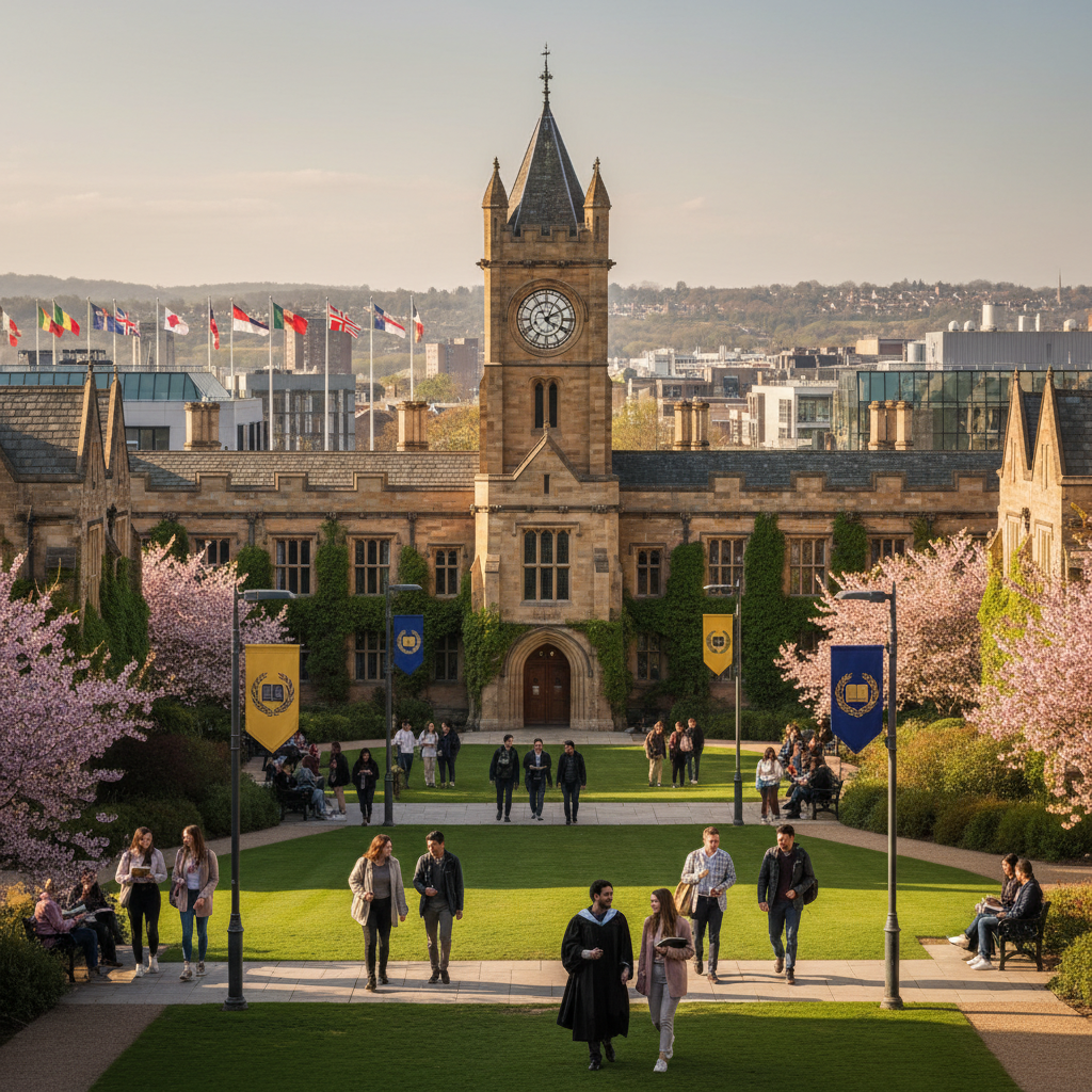 Historic university building with classical architecture and students on campus