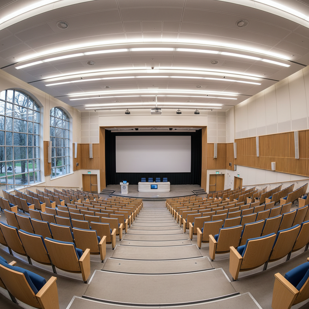 University lecture hall with modern seating and presentation screen