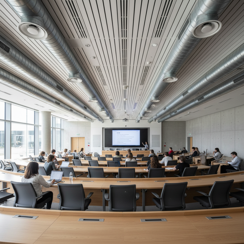 Modern university lecture hall with students