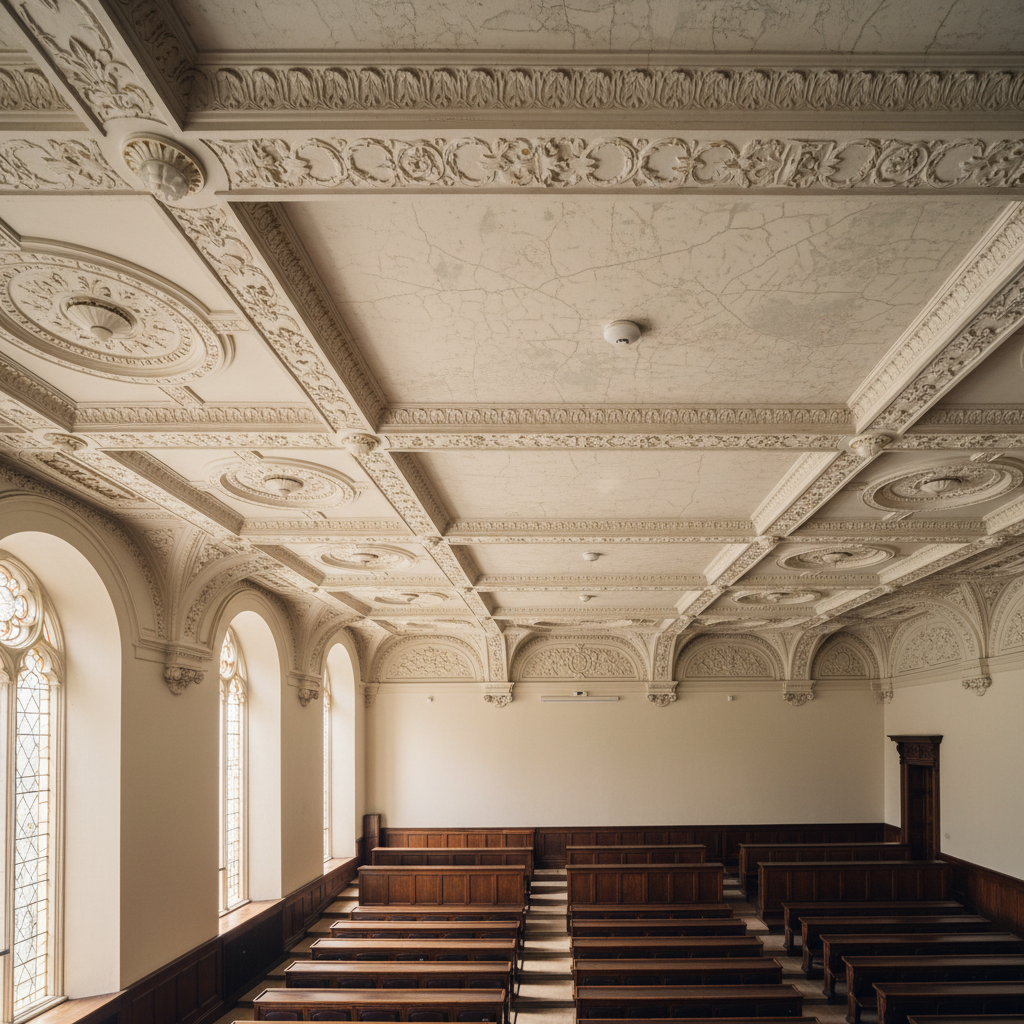Traditional university lecture hall with wooden benches and ornate ceiling