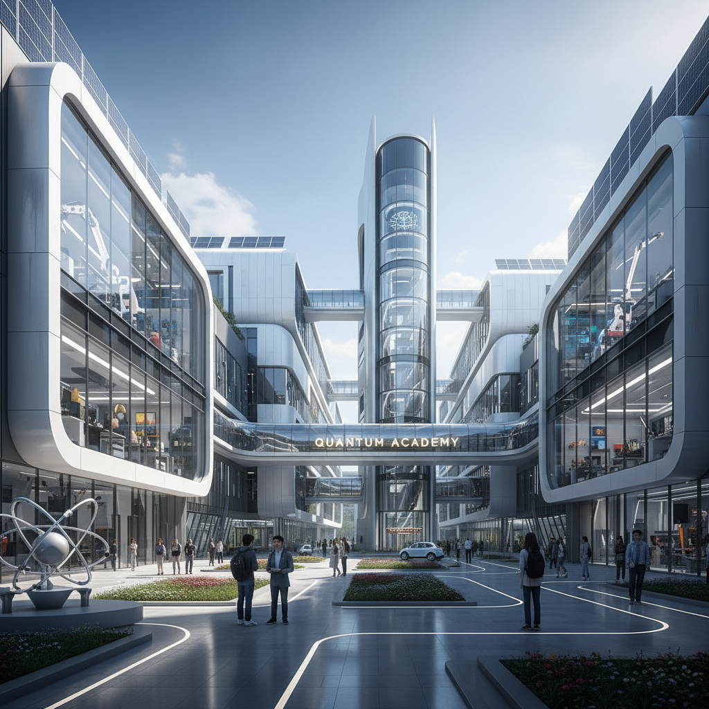 Modern university campus with students walking between buildings