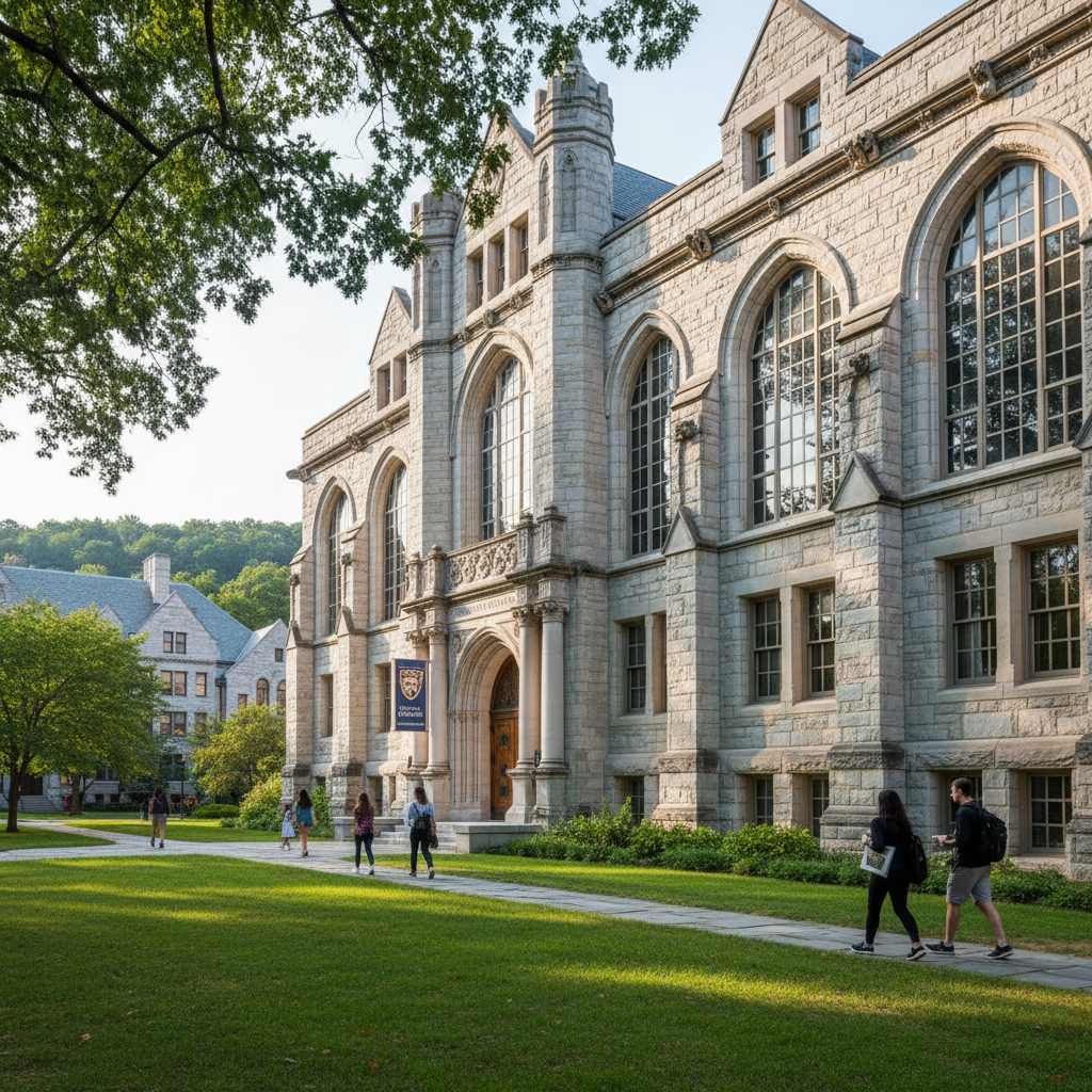 University building with students walking