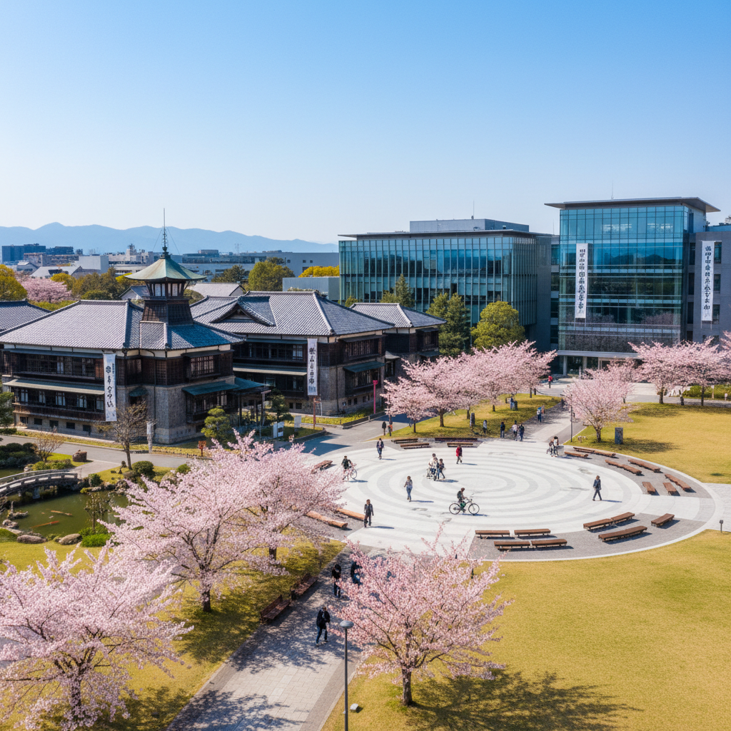 Traditional Japanese university campus with modern facilities