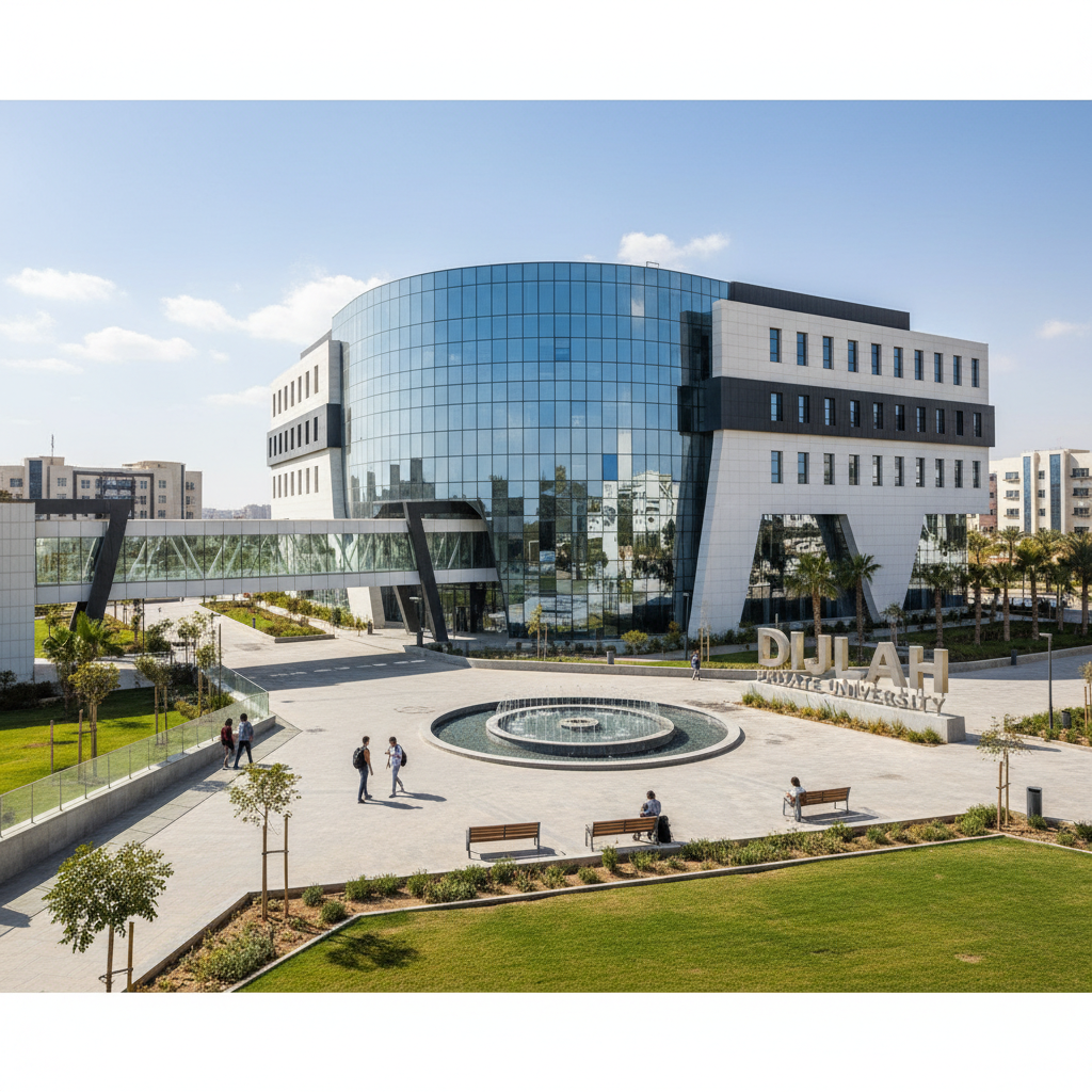 Modern university campus building with glass facade and students walking