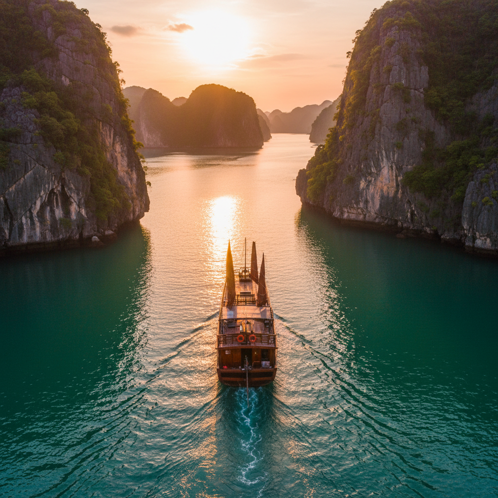 Ha Long Bay in Vietnam with limestone karsts and emerald waters with traditional boats
