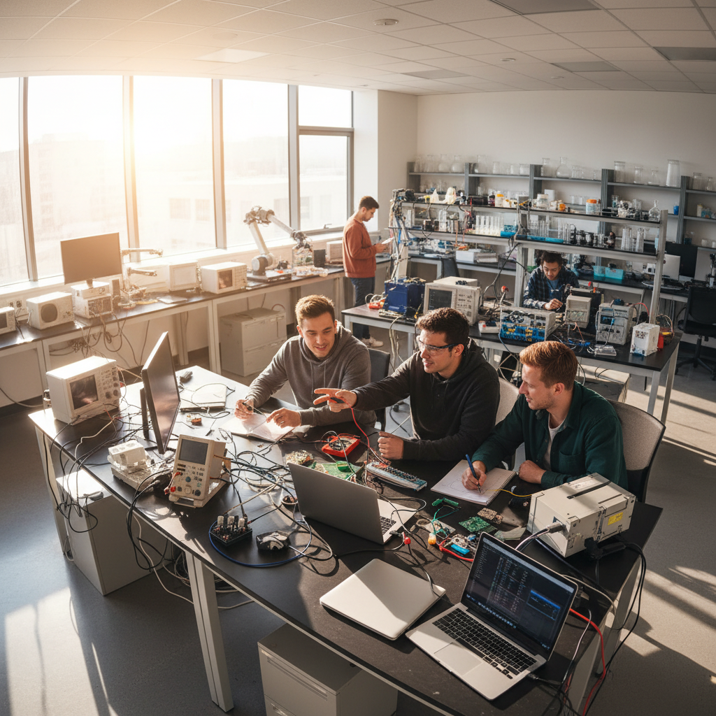 Modern engineering laboratory with students